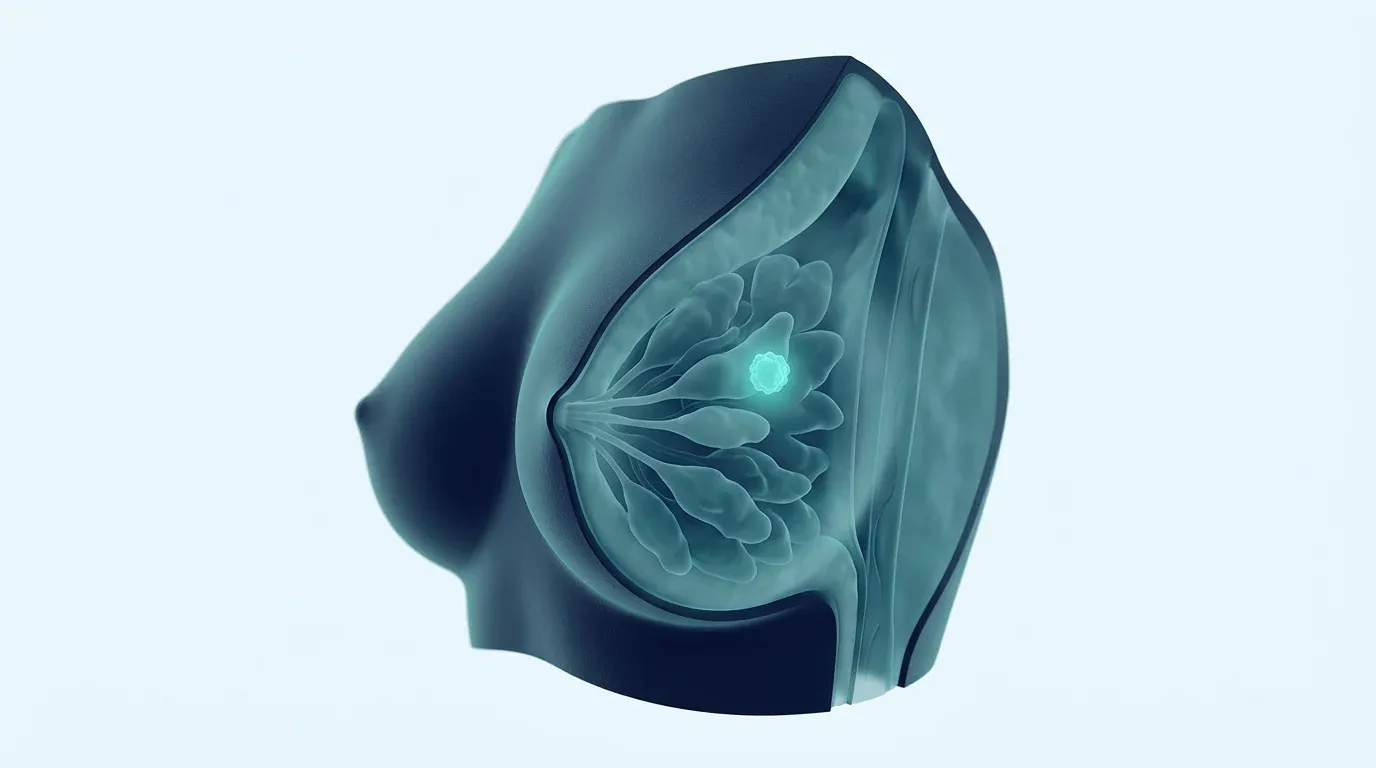 Render médico tridimensional de una mama con una lesión localizada