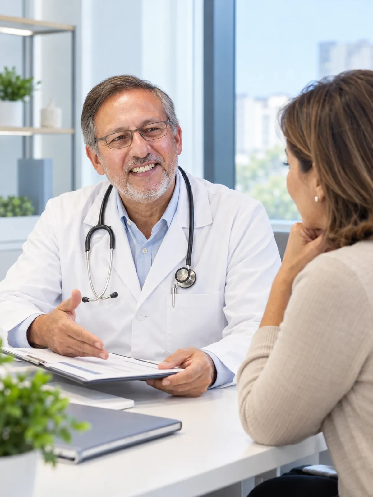 Dr. Óscar Barriga orientando a una paciente durante una consulta preventiva