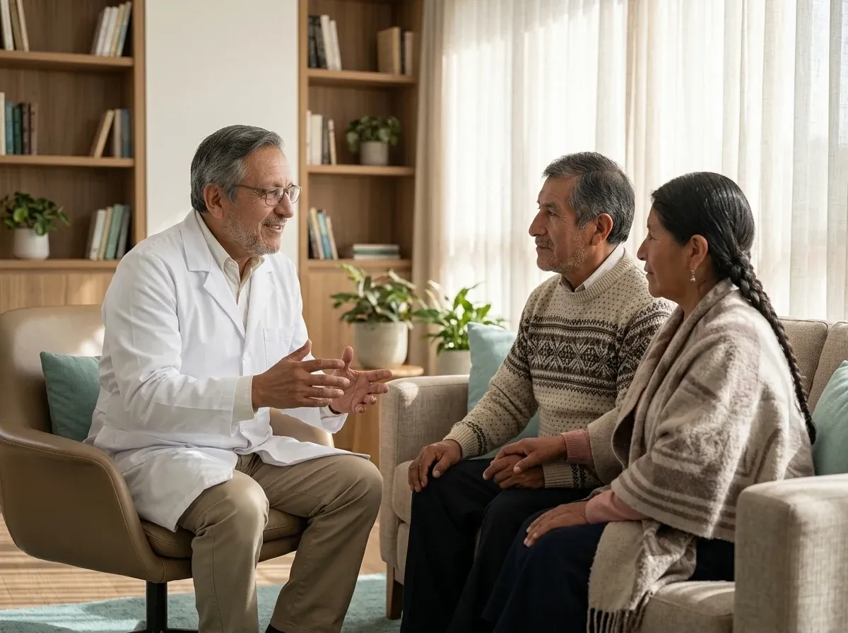 Dr. Óscar Barriga conversando con una pareja mayor durante una orientación de cuidados paliativos