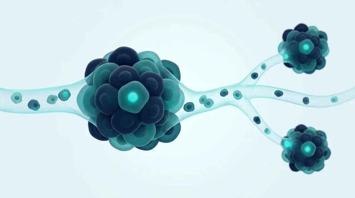 Render biomédico tridimensional de células desplazándose hacia sitios secundarios