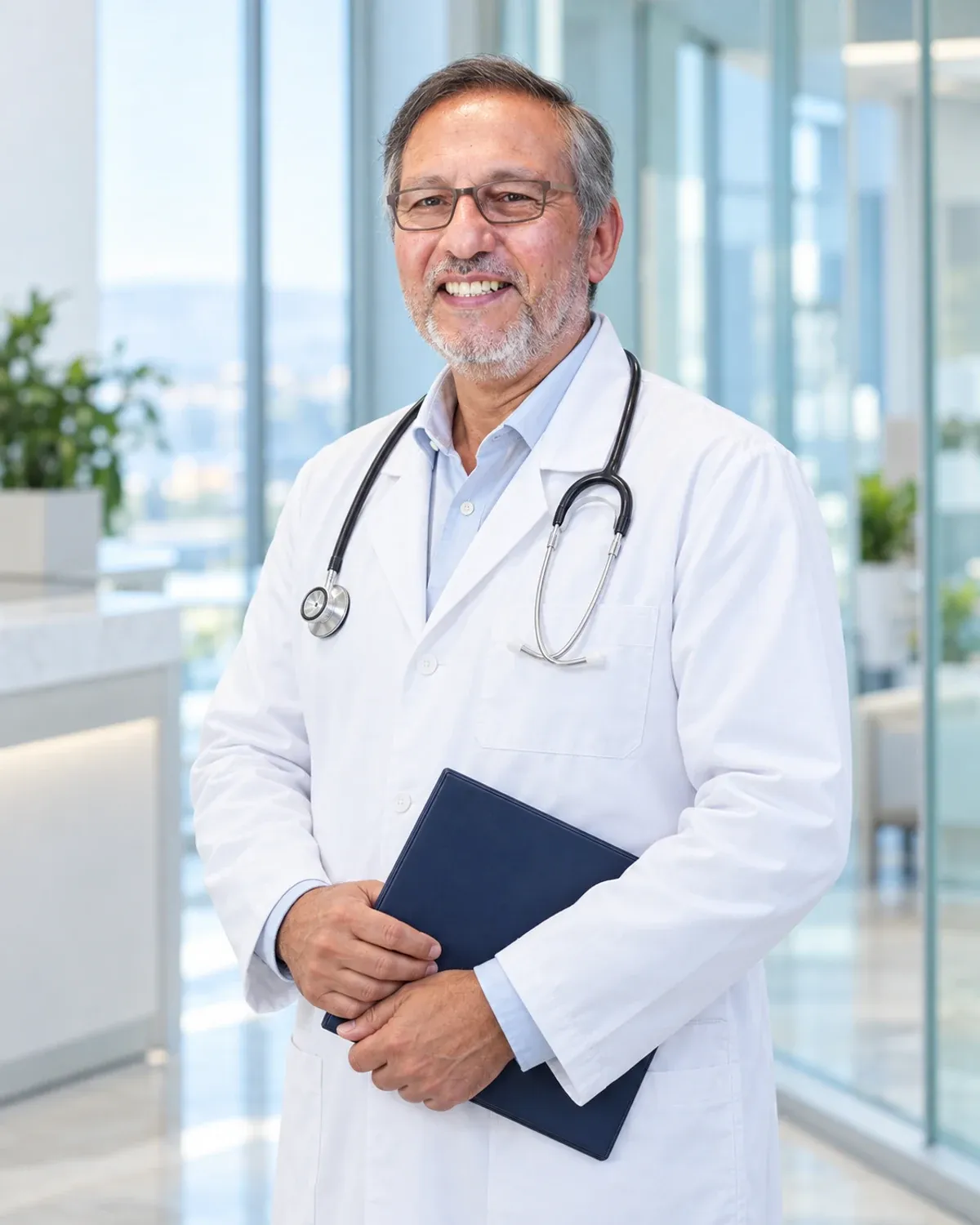 Retrato profesional del Dr. Óscar Barriga Tantaleán con una carpeta clínica