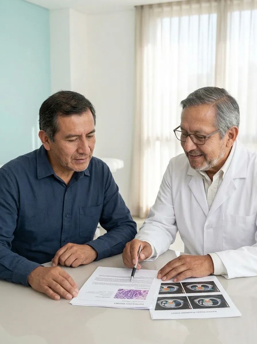 Dr. Óscar Barriga revisando informes médicos con un paciente durante una segunda opinión