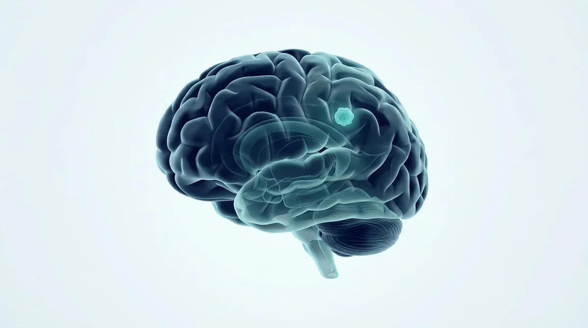 Render médico tridimensional de un cerebro con una lesión localizada